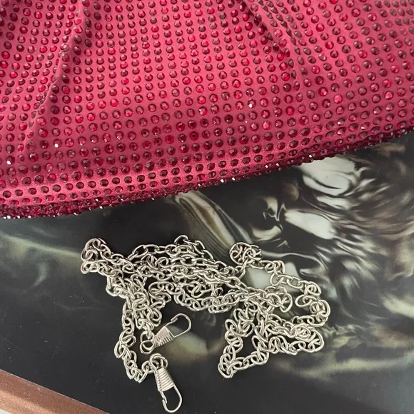 Burgundy rhinestone vintage clutch bag with silver hardware - Picture 2 of 5